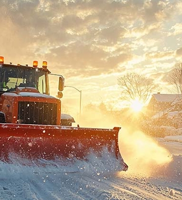A snowplow clears a residential street in the early morning.