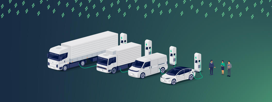 Digital illustration of white vehicles charging