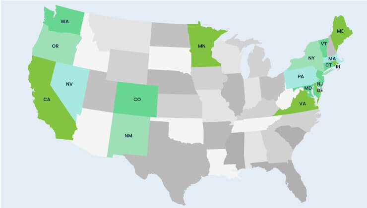 United States with highlighted states in green